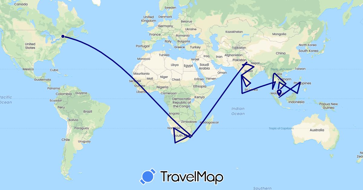 TravelMap itinerary: driving in Canada, India, Cambodia, Maldives, Malaysia, Namibia, Philippines, Singapore, Thailand, Vietnam, South Africa (Africa, Asia, North America)